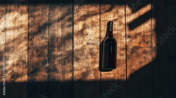 Fototapeta Wine Bottle on Wooden Surface: A sleek wine bottle rests upon a weathered wooden surface, the scene enriched by the interplay of light and shadow. A testament to simplicity and a call to indulgence.