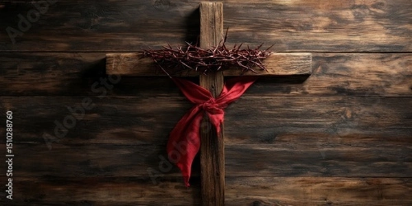 Fototapeta Symbol of Sacrifice: A rustic wooden cross adorned with a crown of thorns and a vibrant red ribbon, presented against a backdrop of weathered wood.