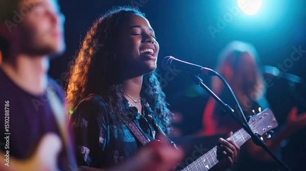 Fototapeta Musical Passion Unleashed: A charismatic African American musician captivates the crowd with her dynamic performance on stage, illuminated by vibrant lights and fueled by raw passion.