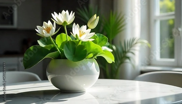 Obraz Beautiful Water lily flowers in a glossy spherical vase filled with lush green plants, glass table in a minimalist apartment during summer
