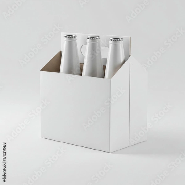 Obraz White cardboard six-pack bottle carrier with four empty bottles. Product packaging mockup on a plain white background. Retail mockup for beverage company product presentation.
