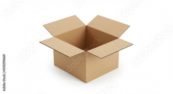 Fototapeta Empty cardboard box open for shipping/receiving in a generic, neutral setting. Empty box lies flat on a white background.