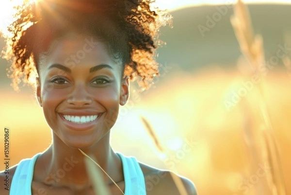Fototapeta Smiling woman enjoys golden sunset in a field surrounded by tall grass while radiating happiness and warmth
