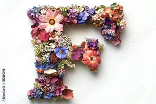 Fototapeta Colorful floral arrangement shaped like the letter F, created with a variety of blossoms and greenery on a plain background in a studio setting