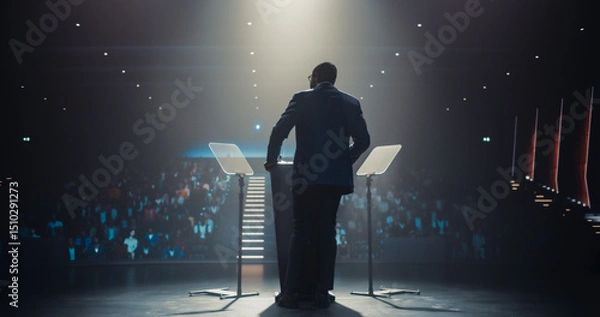 Fototapeta Anonymous Speaker Welcoming the Audience as He Goes on Conference Stage. Businessman Standing with His Back to Camera, Wearing a Suit, Speaking About Marketing at an International Business Meeting
