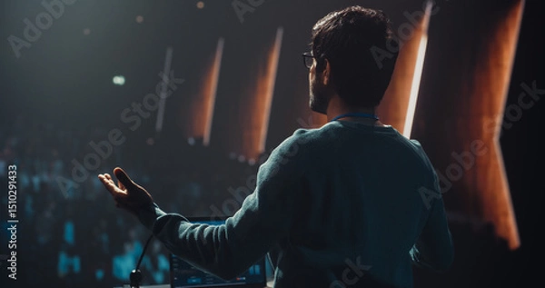 Fototapeta Indian Entrepreneur in Glasses Shares an Insightful Talk on Technology and Leadership at a Professional Business Conference. Diverse Multiethnic Guests Sitting in a Dark Auditorium