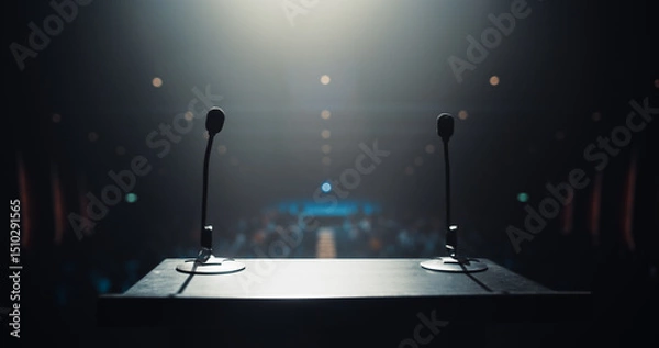 Fototapeta Two Microphones on a Podium Stand. Establishing Shot Before a Keynote Speech on a Dark Stage, Set Against a Backdrop of a Blurred Diverse Audience. Significant Event at a Public Speaking Venue