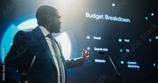 Fototapeta Handsome African Speaker with Expertise in Technology, Finance, Business, and Politics, Coaching a Diverse Group of Young Specialists During a Presentation at a Strategic Growth Conference