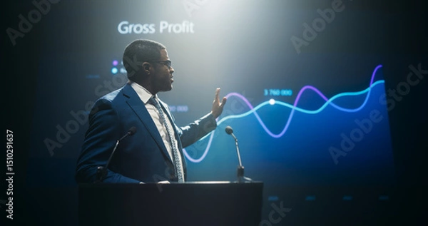 Fototapeta Businessman Giving a Talk at a Global Finance Summit. Audience Listening to His Insightful Talk. Speaker Showing a Presentation on Screen While Making a Motivational Speech