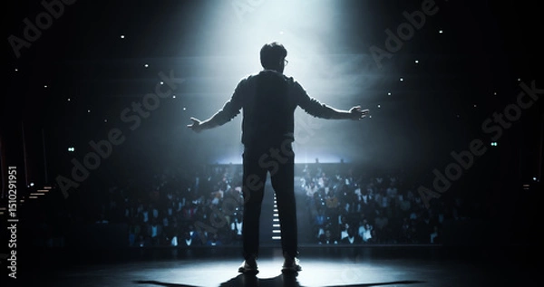Fototapeta Anonymous Man Standing Under a Spotlight on Stage in Front of a Sold-Out Audience. Motivational Speaker or a Stand Up Comedian Making an Unforgettable Performance