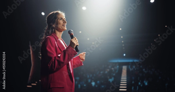 Fototapeta Portrait of a Caucasian Speaker Coaching Specialists During a Presentation at a Business and Technology Conference. Female Talking About Her Personal Growth Story, Career Path and Opportunities 
