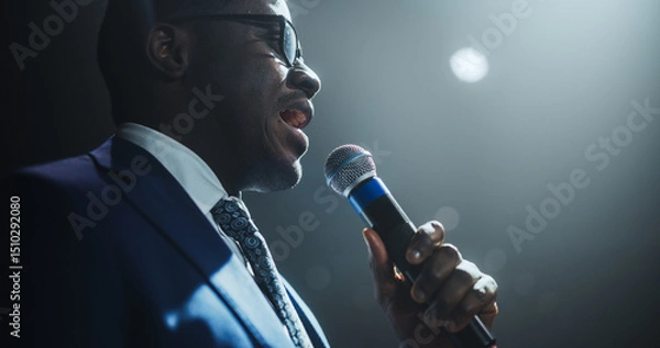 Fototapeta Close Up of a Celebrity Public Speaker Giving an Inspiring Talk at an International Business Development Conference. African Man Using a Microphone to Deliver a Strong Message and Coaching Advice