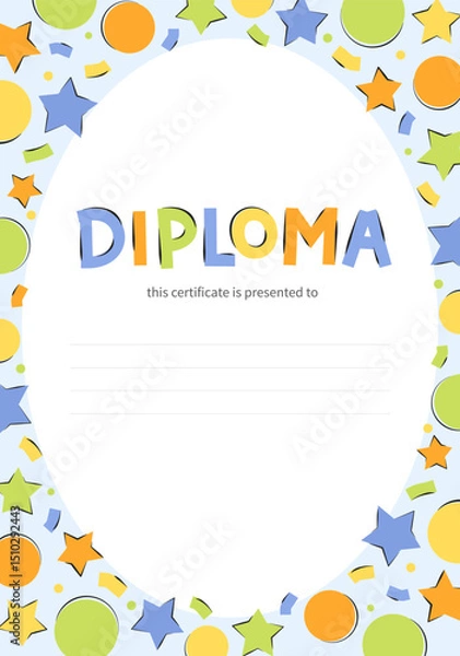 Fototapeta Diploma for children. Bright diploma for kindergarten and primary school students. The background is decorated with colorful geometric shapes. Vector illustration