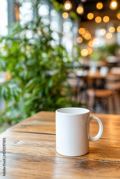 Fototapeta Empty white mug on wooden table in cafe (1)