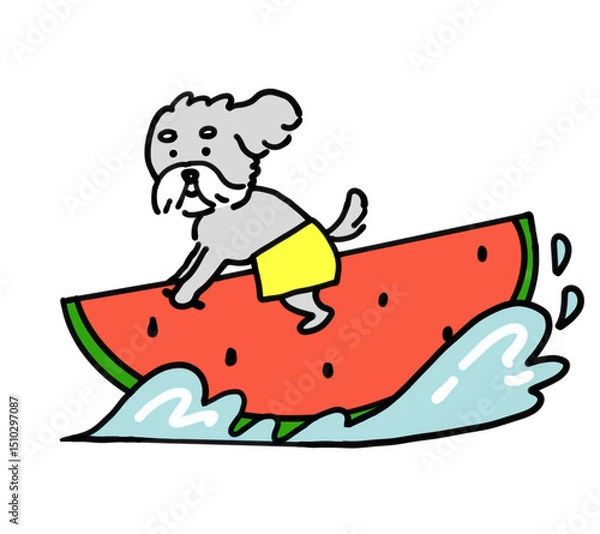 Obraz 水着を着た犬とスイカボート