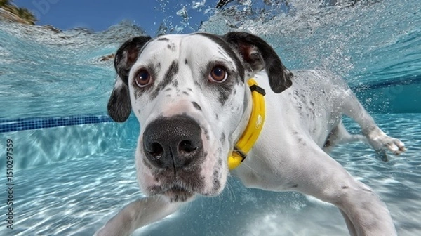 Fototapeta Dog is swimming in a pool with a yellow leash. The dog is looking up at the camera