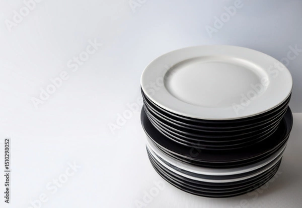 Fototapeta Stack of white and black plates on a white surface