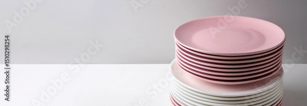 Fototapeta Stack of white and pink plates on white surface, free space on one side for banner or advertisement