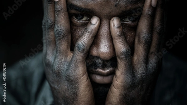 Obraz Struggling with emotions, a man conceals his face under his hands in a darkened space