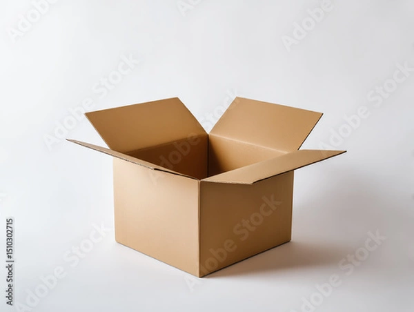 Obraz A cardboard box open on a white background, high-resolution photography, professional color grading, soft shadows, low contrast, and clean, sharp focus digital photography