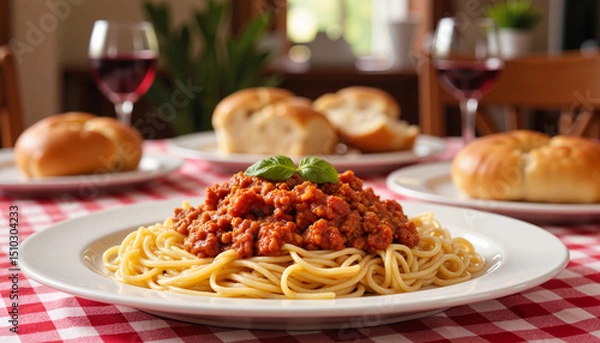 Fototapeta Plate of spaghetti with meat sauce and bread rolls on a table  