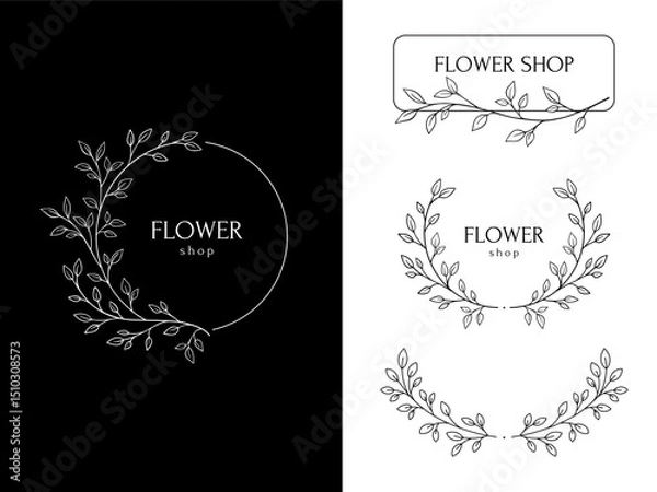 Fototapeta Collection of floral frames with silhouettes of branches, leaves and flowers. Hand drawn elegant delicate botanical borders and wreaths. Vector isolated elements for wedding invitation, card, logo