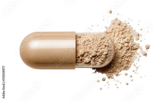 Fototapeta A beige supplement capsule is shown split open, revealing fine powdered contents. The capsule sits against a clear background, emphasizing its color and texture