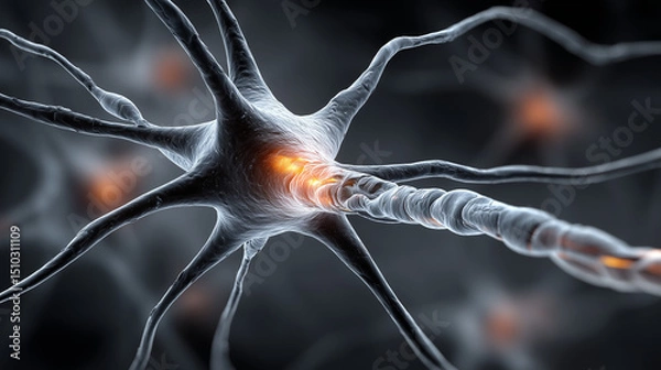 Fototapeta Close-up illustration of a neuron with synapse activity in dark space  