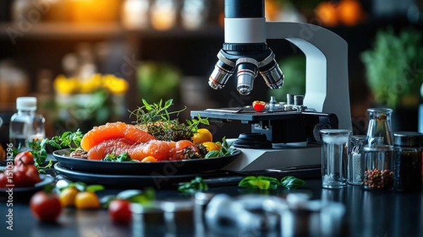 Fototapeta Microscope magnifying intricate details of food ingredients, exploring nanoemulsions in food science