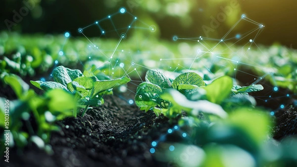 Obraz Advanced farm setup with blockchain for supply chain management and data points above crops for ag-tech