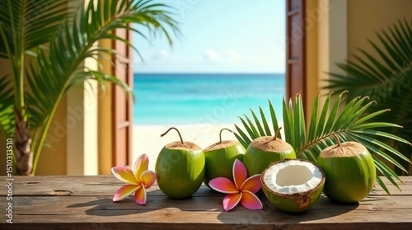 Obraz green coconut arranged over wooden table at beach scene