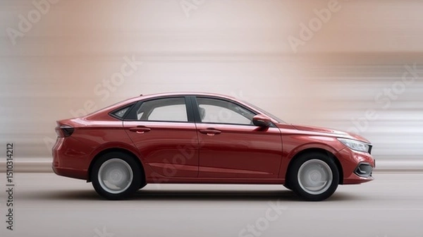 Fototapeta A sleek red car in motion, showcasing modern design and aerodynamic features. The blurred background emphasizes speed, perfect for automotive and travel themes.