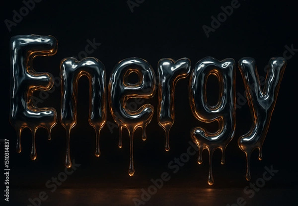 Fototapeta Dripping metallic "Energy" text with glowing orange highlights on a dark background, creating a bold and futuristic design concept.