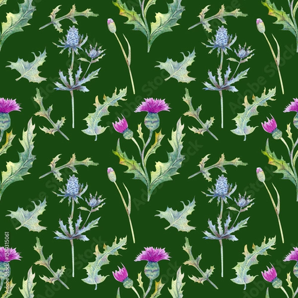 Fototapeta Seamless pattern. Field flowers. The image of summer. Watercolor illustration. Design element.