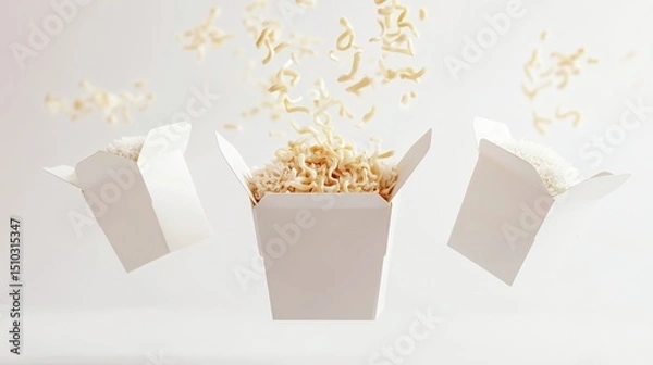 Obraz Three white takeout containers, filled with rice and noodles, are suspended in mid-air, with noodles and rice flying around them against a light beige background