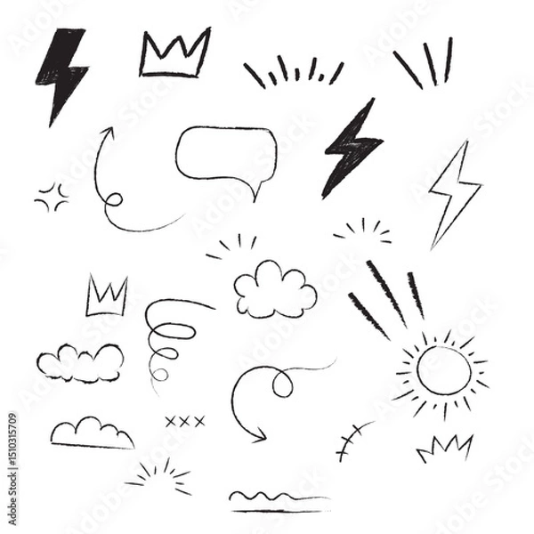 Fototapeta Hand Drawn Doodle Elements – Arrows, Clouds, Lightning Bolts, and Decorative Sketches