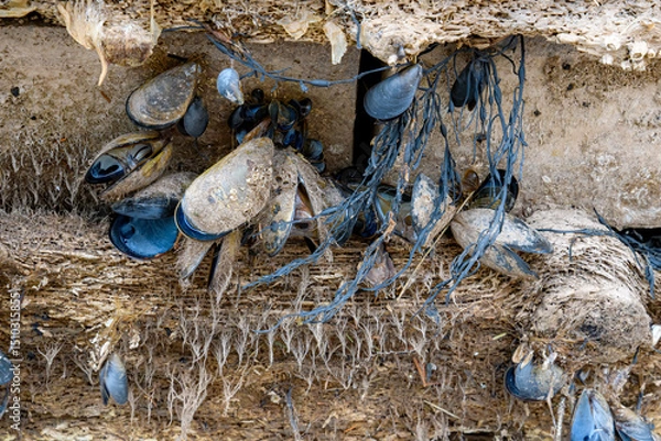 Fototapeta Many clams hanging from the side of a dock on a beach. Closeup view, only a bit of the dock visible. Clams are an assortment of sizes and are open.