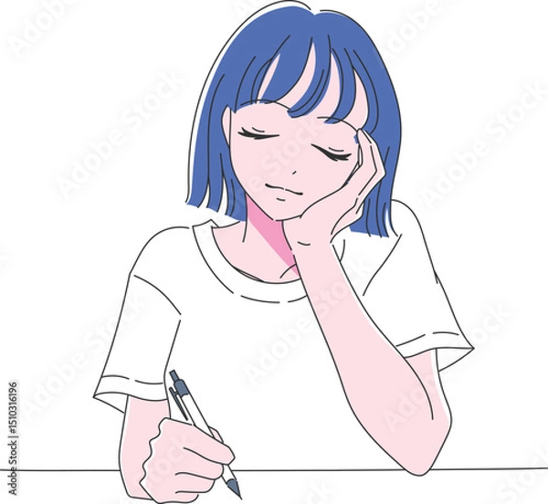 Fototapeta 勉強や日記を書いているバストアップの女性の手描きイラスト