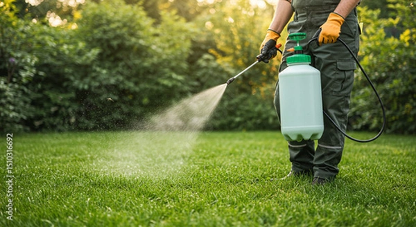 Fototapeta A person spraying pesticide on a green lawn with trees in the background on a sunny day outdoors