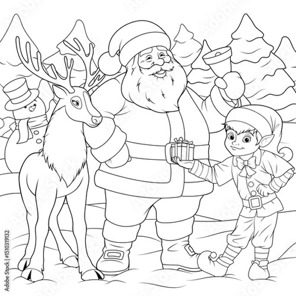 Fototapeta Vector illustration, new year night in the company of santa elf and deer