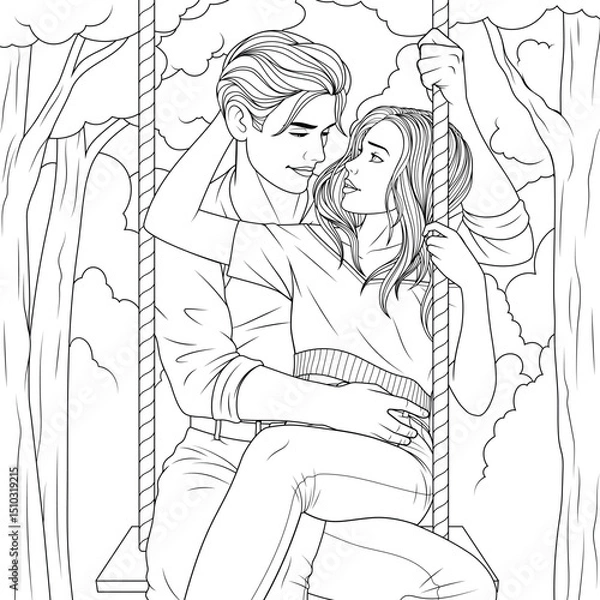 Fototapeta Vector illustration, couple in love swinging on a swing