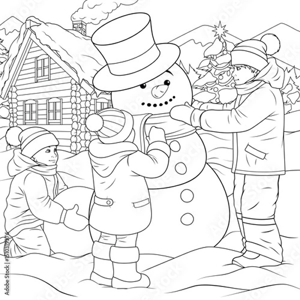 Fototapeta Vector illustration, children make a snowman on the street