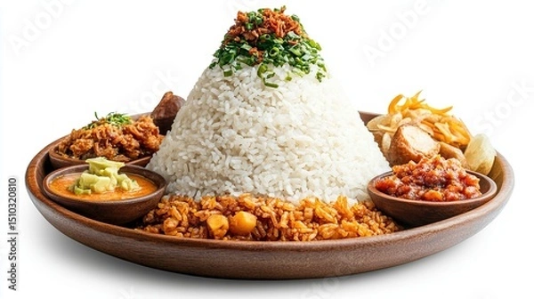 Obraz A vibrant Indonesian rice dish, piled high, with various side dishes arranged around