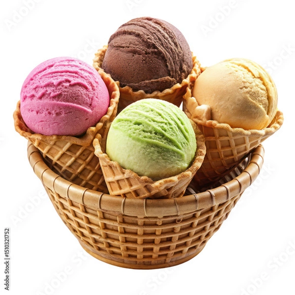 Fototapeta Ice Cream Scoops in Waffle Basket Isolated on Transparent Background

