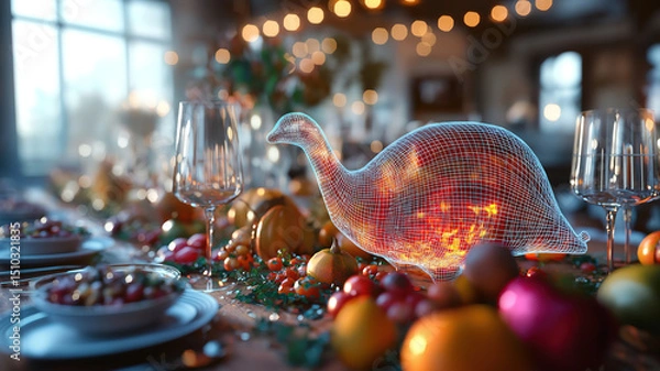 Fototapeta Futuristic Thanksgiving dinner table setting with a wireframe turkey centerpiece blending tradition and tech