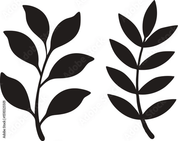 Obraz Two Black Branch Silhouettes with Rounded and Pointed Leaves on White Background