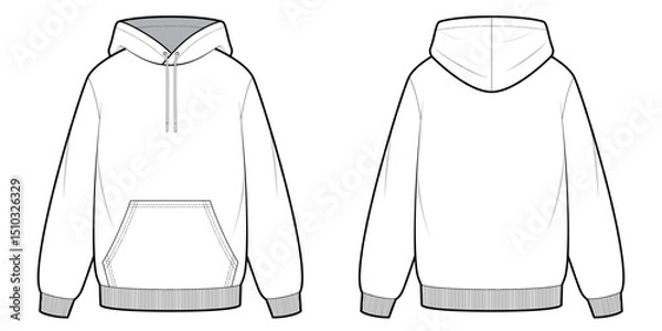 Fototapeta Pullover Hoodie Jacket- Flat Technical Drawing -Front and Back View- Cad/ Vector Illustration 