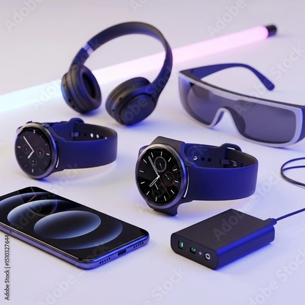 Fototapeta Gen AI futuristic gadgets, technology background, innovation concept, wearable technology, AR glasses, digital future, technological still life, artificial intelligence interface mockup