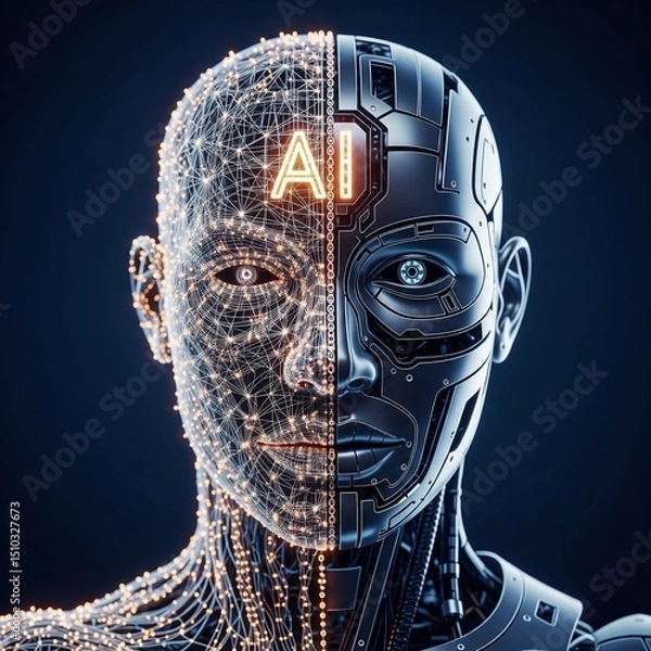 Obraz Abstract AI-humanoid face from numbers
Half-robot, half-face of a person made of lines, chains, light points and digital elements.
artificial intelligence, AI face, digital brain, machine learning