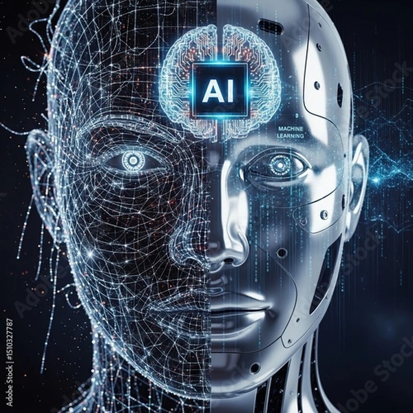 Obraz Abstract AI-humanoid face from numbers
Half-robot, half-face of a person made of lines, chains, light points and digital elements.
artificial intelligence, AI face, digital brain, machine learning